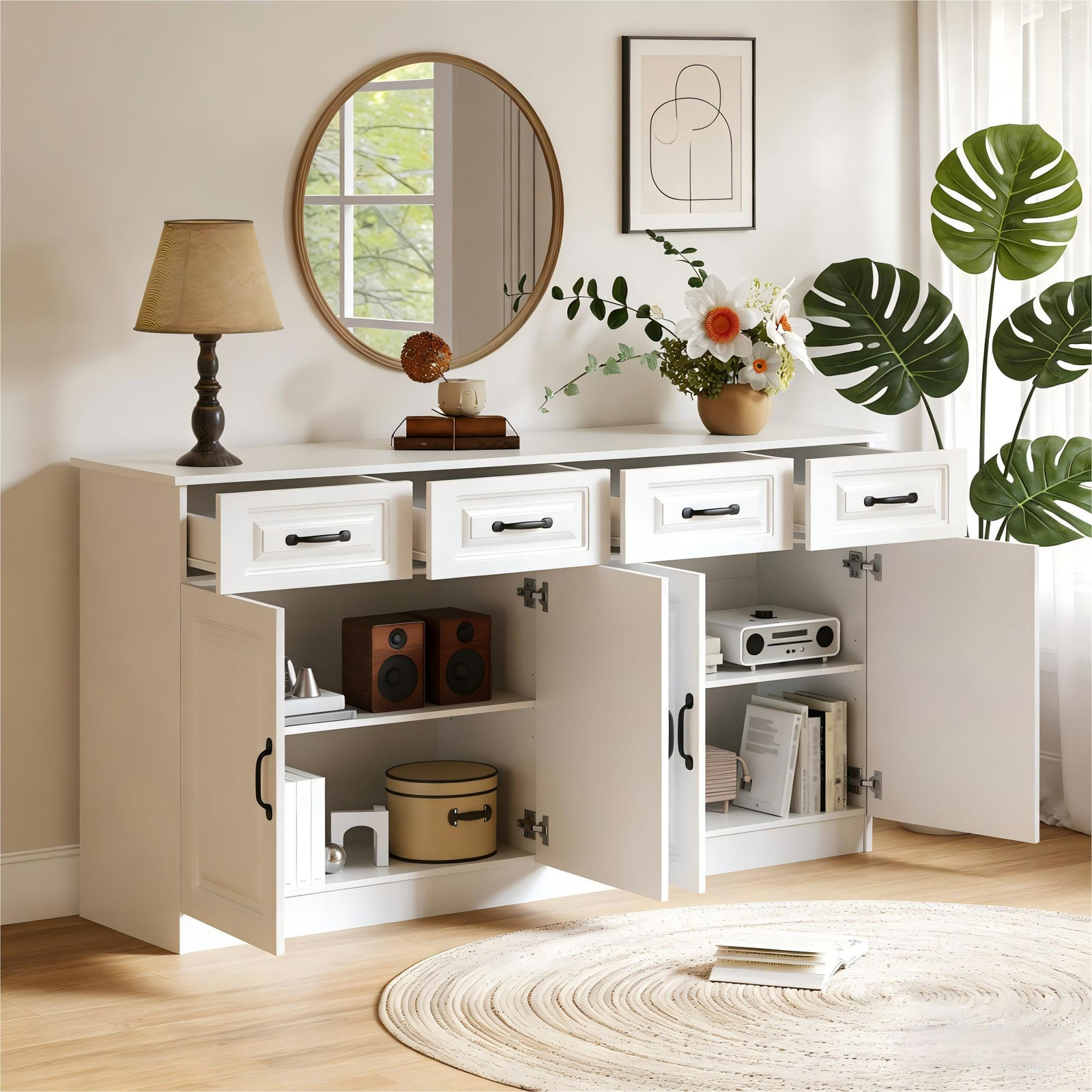 MODFU Keukenkastje / Dressoir met 4 deuren en 2 lades, Wit, H 160 x B 80 x D 35 cm
