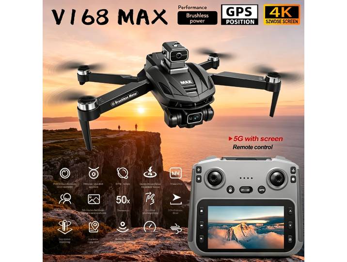 Drone GPS V168 MAX Professionnel avec Double Caméra 4K, Moteur Brushless, Évitement d'Obstacles, Drones de Sécurité avec Contrôle sur Grand Écran, Quadricoptère