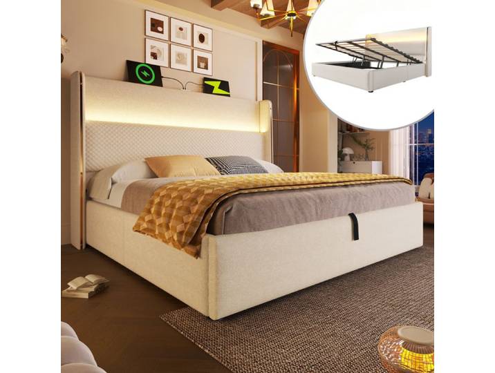 Lit double hydraulique - TRUXEN8 - 160x200cm - LED - Rangement - USB/Type-C
