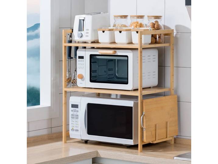 Étagère de cuisine comptoir Double four à micro-ondes étagère bureau assaisonnement four support de rangement bambou bois massif