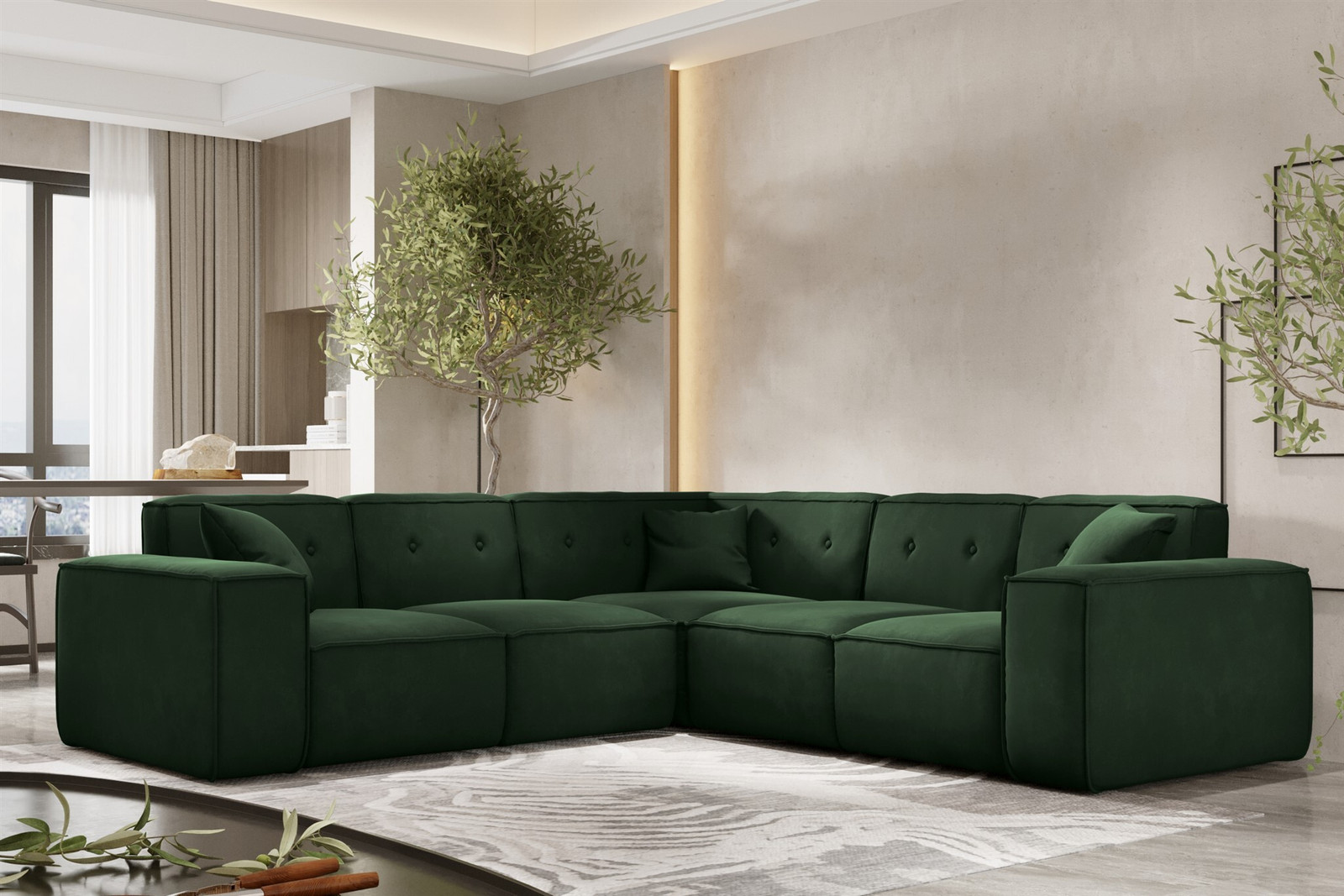 Designbank CESINA Ecksofa met Opera Velvet bekleding in donkergroen