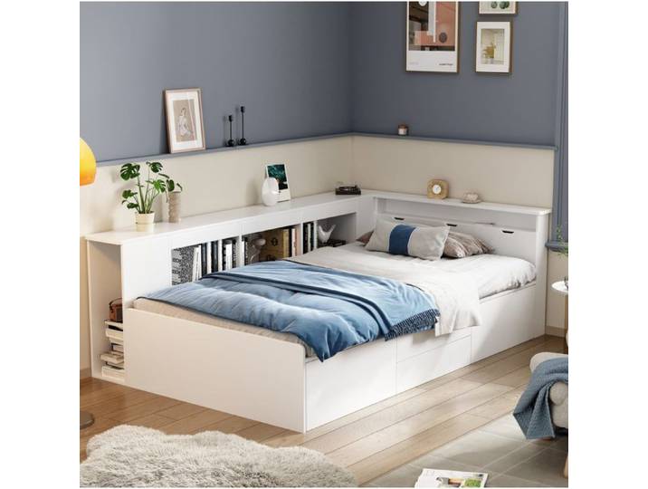 Lit enfant multifonction AESVAR 90 x 200 cm avec tiroirs bibliotheque et rangements sommier inclus blanc