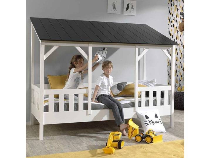 Pack - Lit Cabane Enfant Sommier & Matelas  Housebed III  90x200cm Blanc & Noir