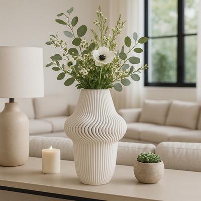 Sagebrook Home Porcelain Ribbed 3D Printed Vase - Ivory/Beige