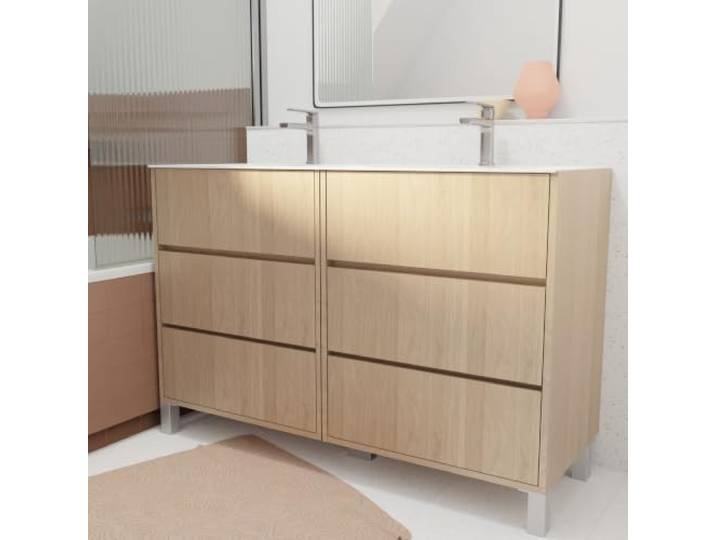 Pack Meuble Salle de Bains 120 cm Chêne Clair\, 6 tiroirs avec Vasque Céramique - XENOS