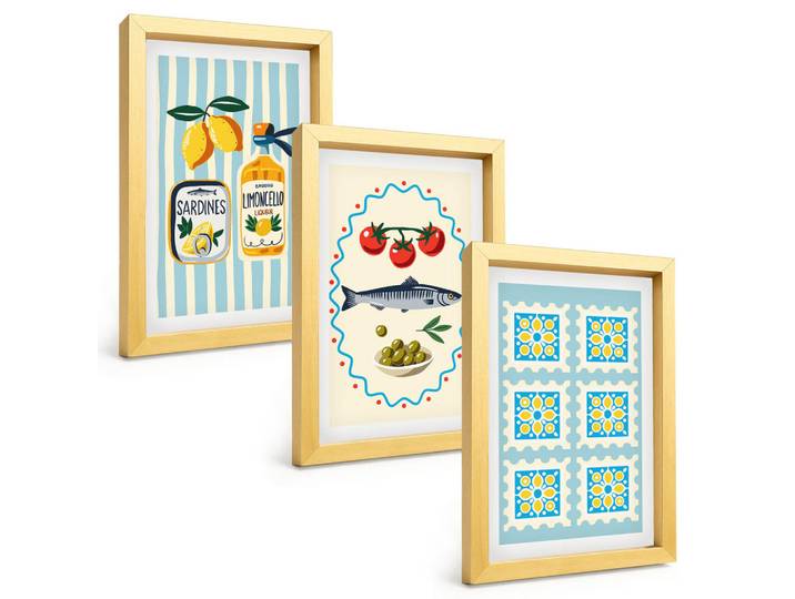 Tulup Bilder SET 3er Set - 20x30 cm Goldrahmen - Illustrationen von Küchen im mediterranen Stil, Goldfarben, Kunststoff, Rechteckig, 20x30 cm, einfache und schnelle Anbringung, Bilder & Rahmen, Bilder