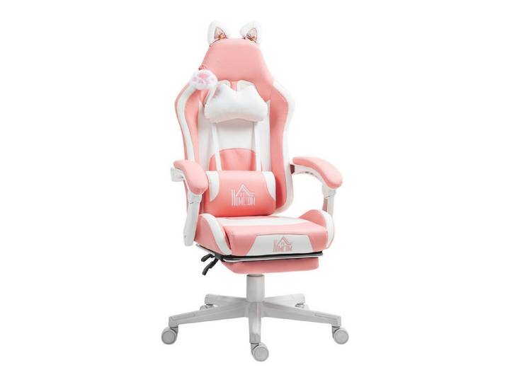 FELIXLEO Bürostuhl Gaming Sessel Katzenohren neigbare Lehne Fußstütze 120 kg Rosa Weiß (1 St)