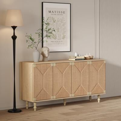 Sideboard Cabinet Wooden with Handwoven Seagrass Doors, Wire-Brushed Finish, Shelved Storage & Solid Wood Legs by GDFStudio