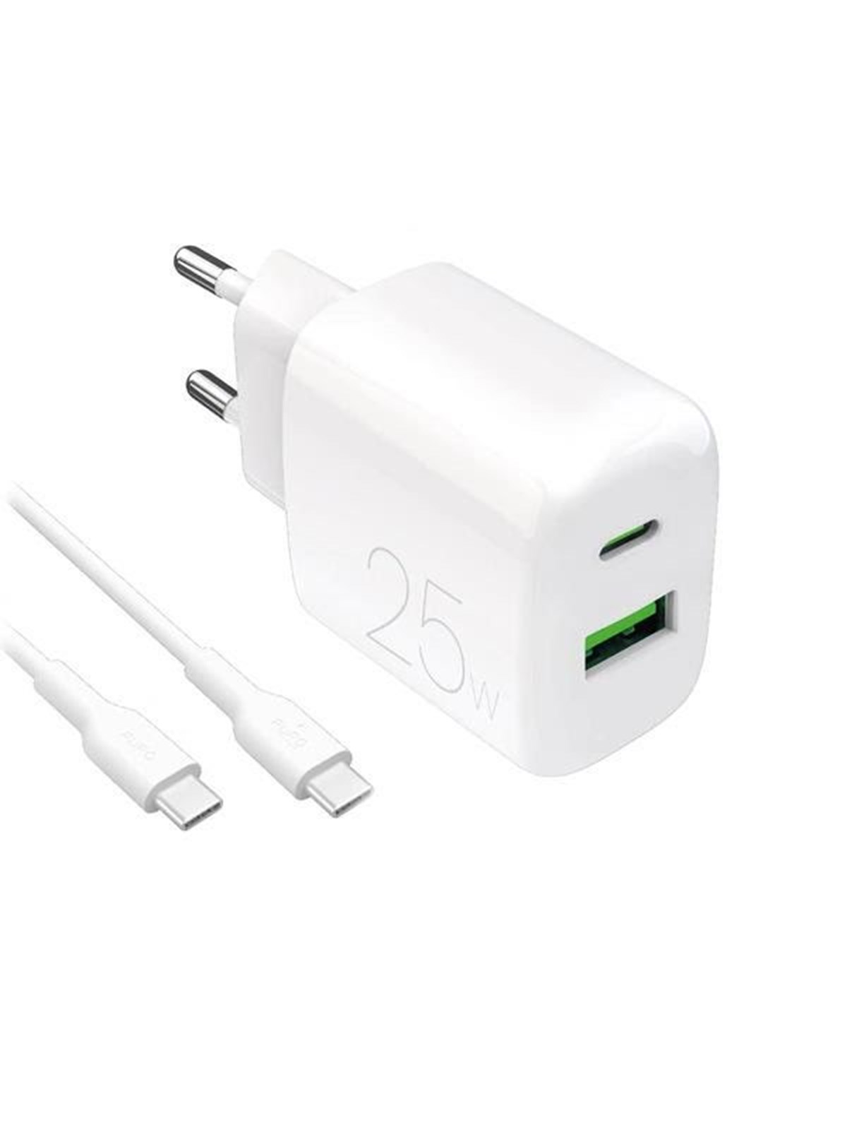 Puro PROLITE 25W USB-A / USB-C Wall Charger + USB-C - USB-C 1.2m Cable - White