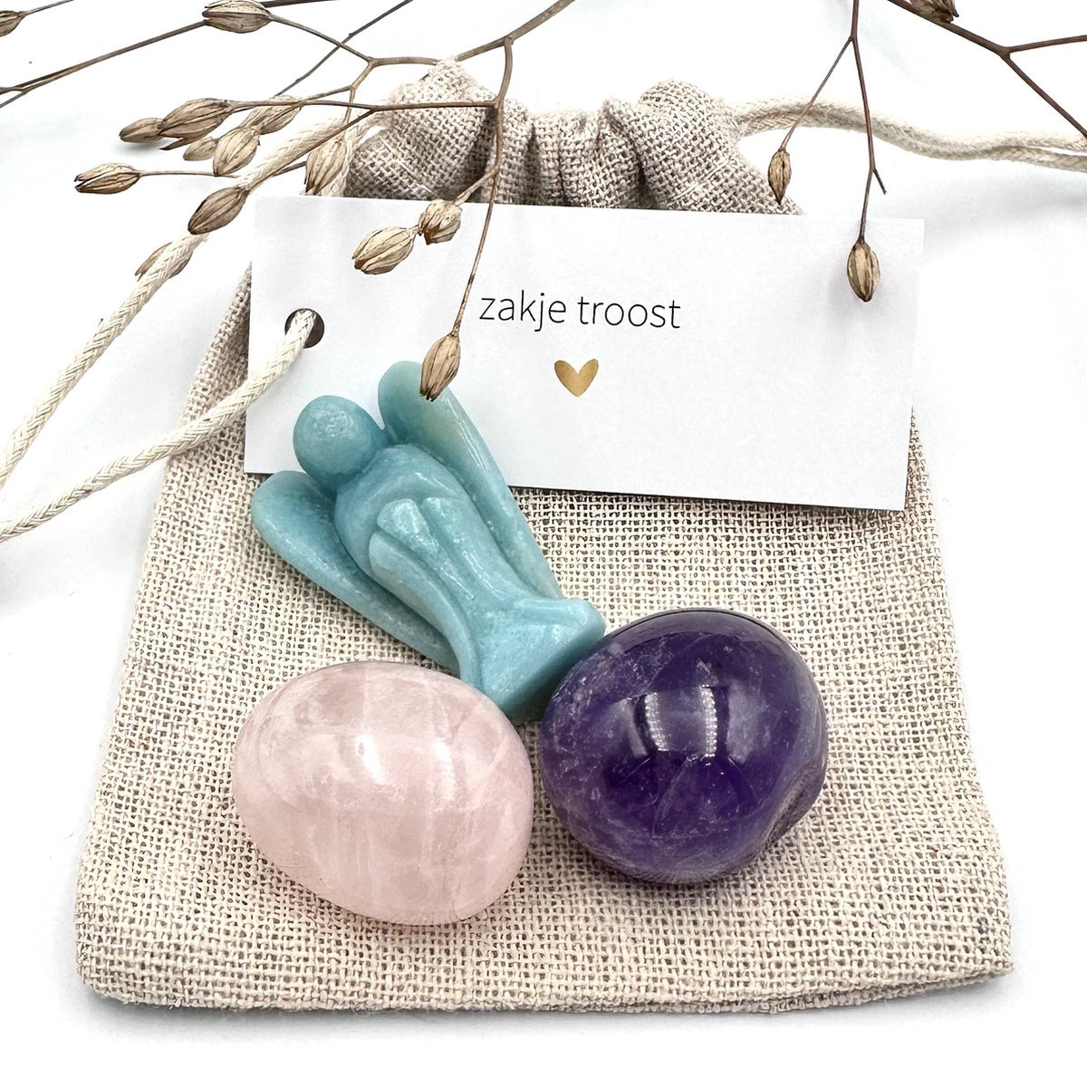 Zakje Troost met Edelstenen en Engel - Rozenkwarts, Amethist & Amazoniet - Condolencecadeau