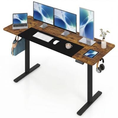 Costway 63 x 24 Inch Height Adjustable Sit Stand Computer Desk with 3 Memory Presets-Rustic Brown