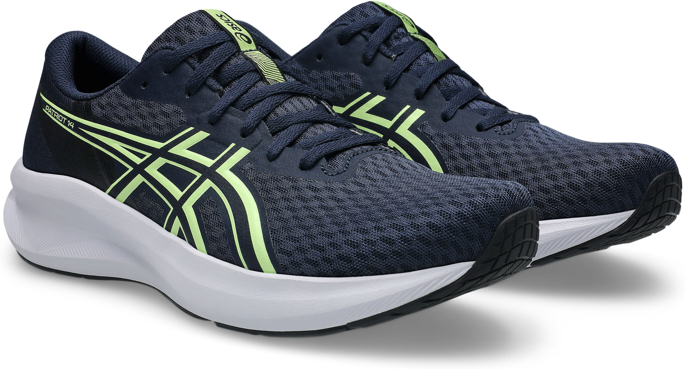 Laufschuh ASICS "PATRIOT 14", Herren, Gr. 49, blau (midnight, illuminate gelb), Synthetik, Schuhe Laufschuh, atmungsaktives Mesh-Obermaterial, Energiegeladene Mittelsohle