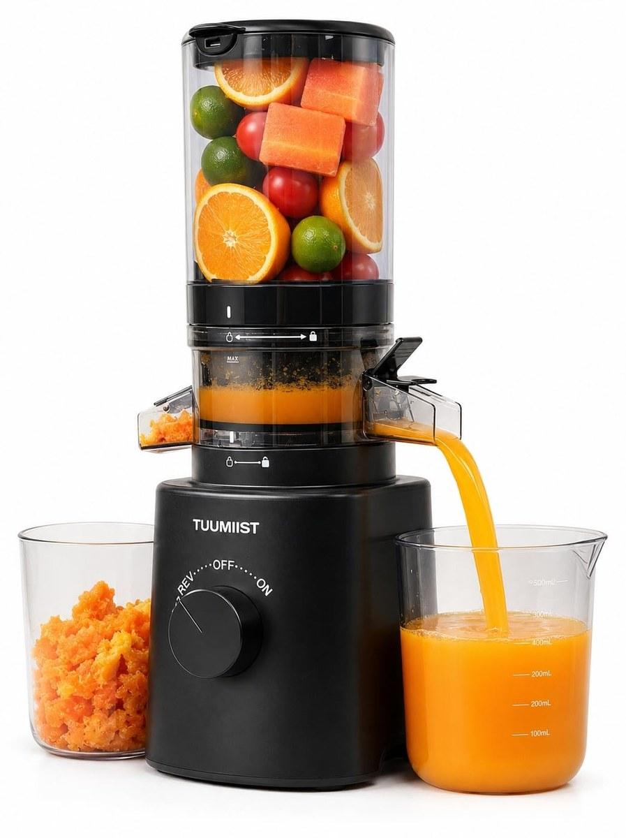Entsafter Slow Juicer Saftpresse - 0,8 l - 120 mm Einfüllschacht - Glänzend Schwarz - Für Obst und Gemüse