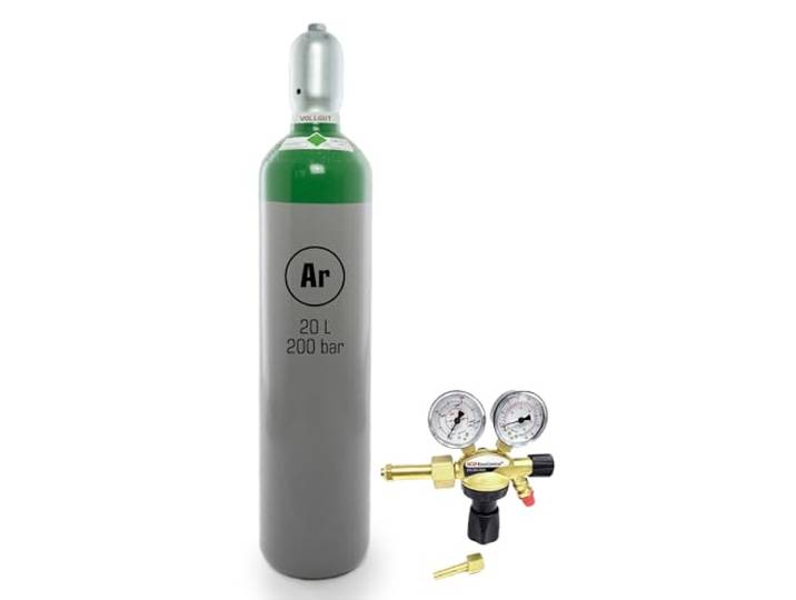 Argon 4.6 20 Liter 200 bar Gasflasche gefüllt Profi-Schweißgas für WIG/MIG UN1006 Eigentumsflasche ohne Markenbindung inkl. Druckminderer – SET Sofort einsatzbereit ADR-Gefahrgut-Versand