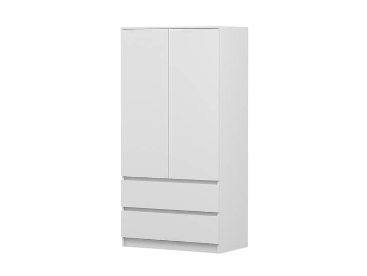 Drehtürenschrank SOLO 2D2S, Schlafzimmer, Kleiderschrank Schrank 90 cm Weiß/Weiß, zweitürig, zwei Schubladen, grifflos
