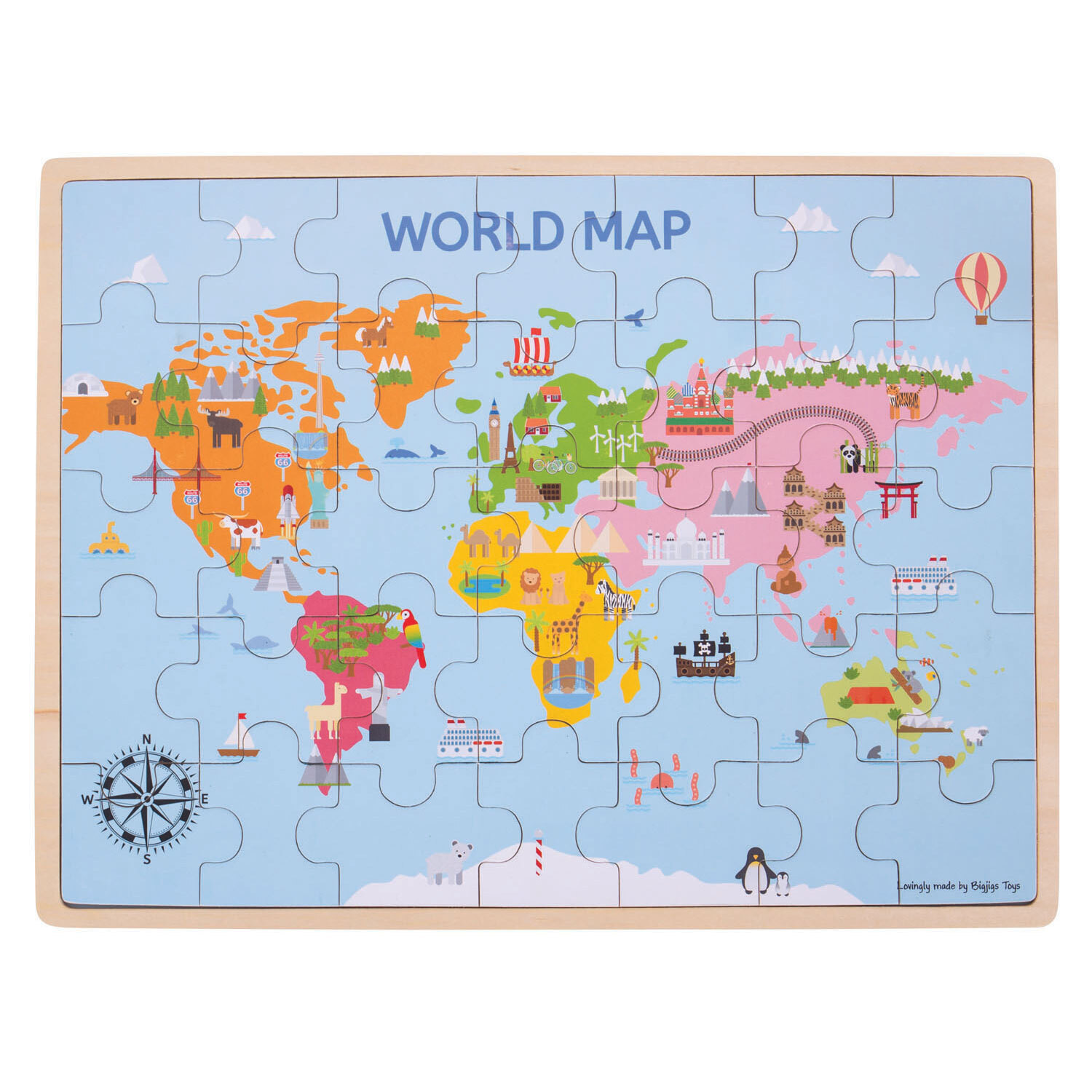 Bigjigs Houten puzzel Wereldkaart met 35 stukken