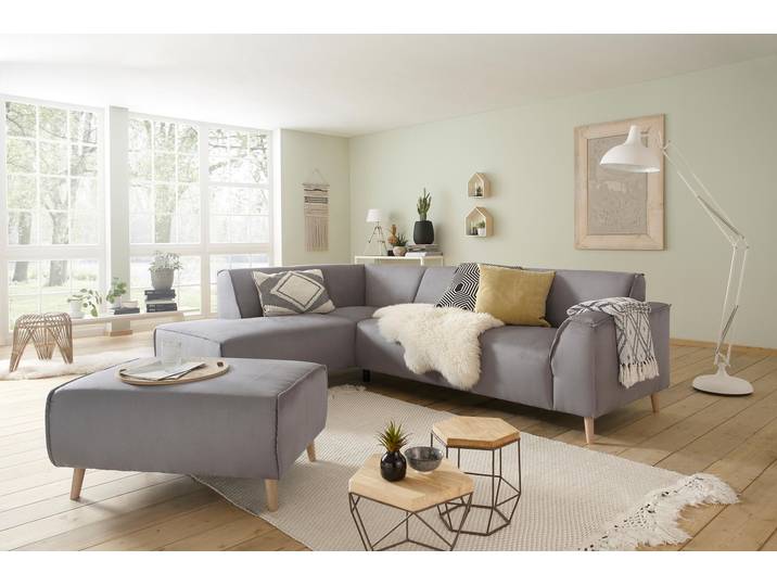 Hocker, Grau, 97x66 cm, Luxus-Microfaser, Mit Keder & Holzfüßen, Modern, Home-affaire