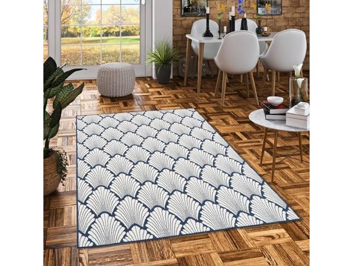 Pergamon In- & Outdoorteppich Cape Cod Modern Blau Creme, Beidseitig Verwendbar, Wasserdicht, UV-Resistent, Pflegeleicht, Modernes Design - Vielfältige Größen