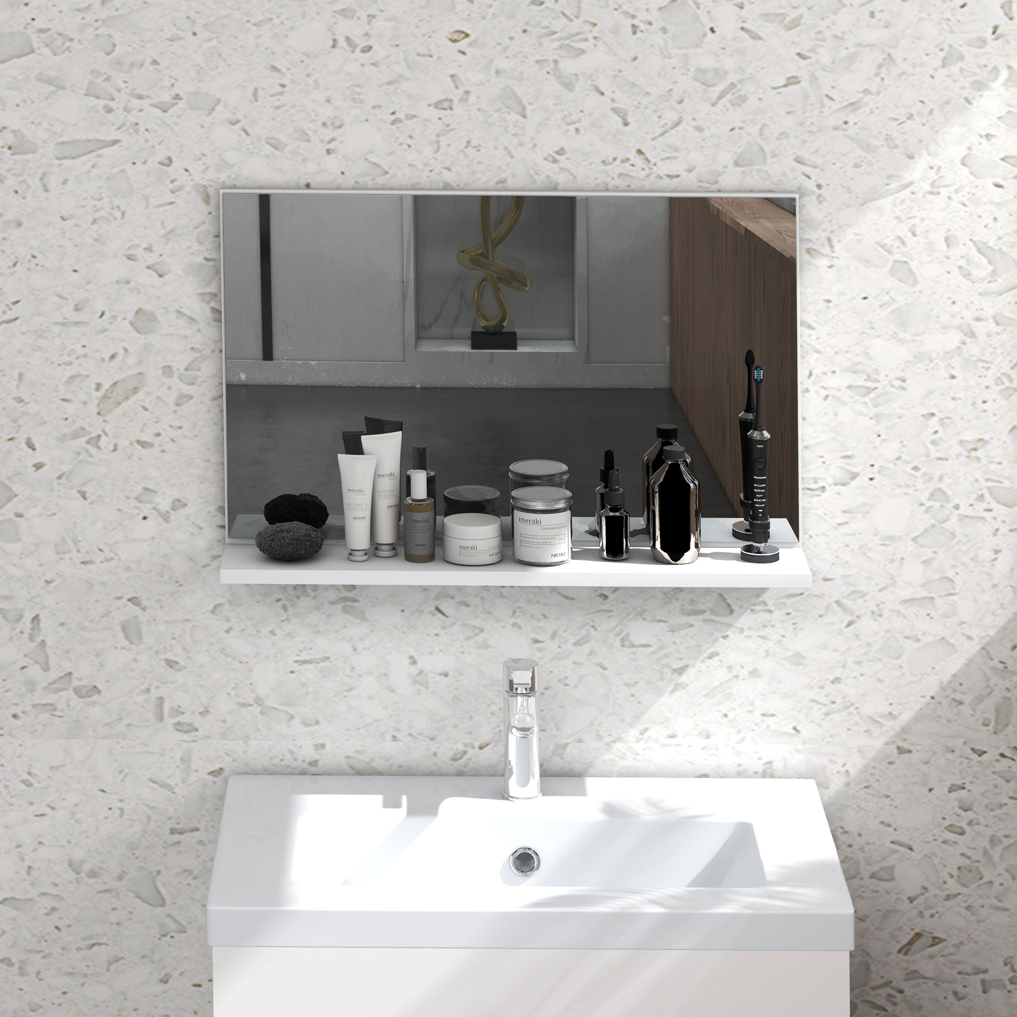 Kleankin Specchio Bagno da Parete con Mensola Design Moderno e Multiuso, 60x12x40 cm, Bianco
