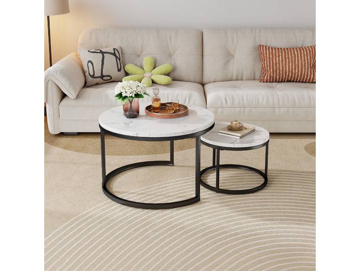 STILVORA Couchtisch-Set 2-teilig rund,Wohnzimmertisch mit rutschfesten Fußpads, Beistelltisch mit Metallrahmen und Tischplatte Steinoptik