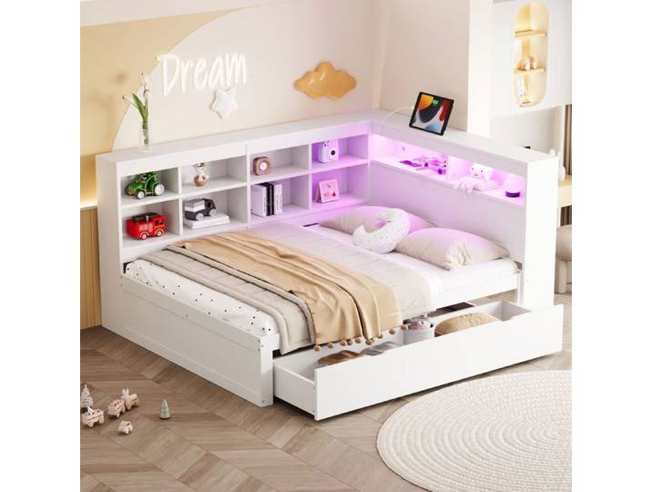 Lit double multifonctionnel en bois avec bande lumineuse LED blanc