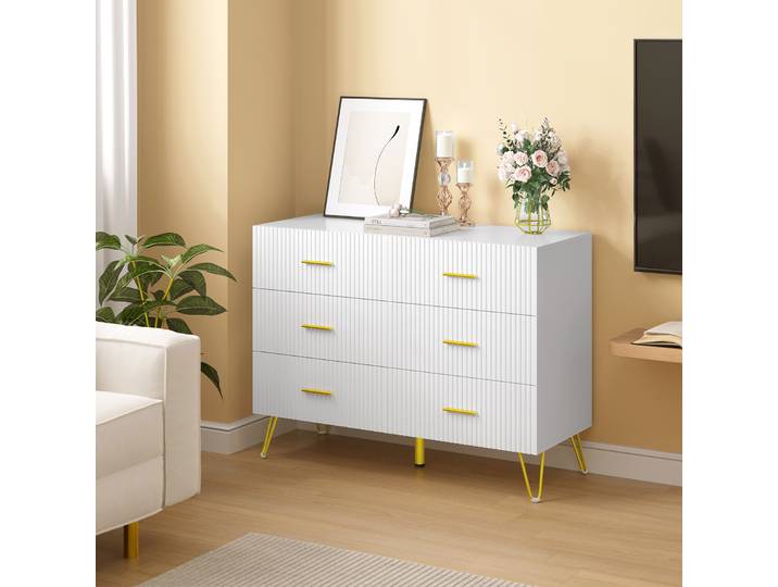 WOLTU – armoire blanche 100x75x40cm, pieds dorés, commode avec 6 tiroirs pour chambre à coucher, salon, couloir, maison