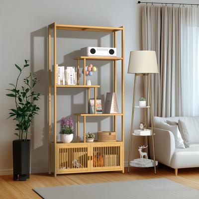 UNHO Staggered 6-Tier Bookshelf with Cabinet Bamboo Display Etagere Shelves