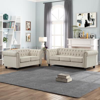 Morden Fort 2 Pieces Chesterfield Set Tufted Upholstered Loveseat Sofa Set for Living Room, Linen