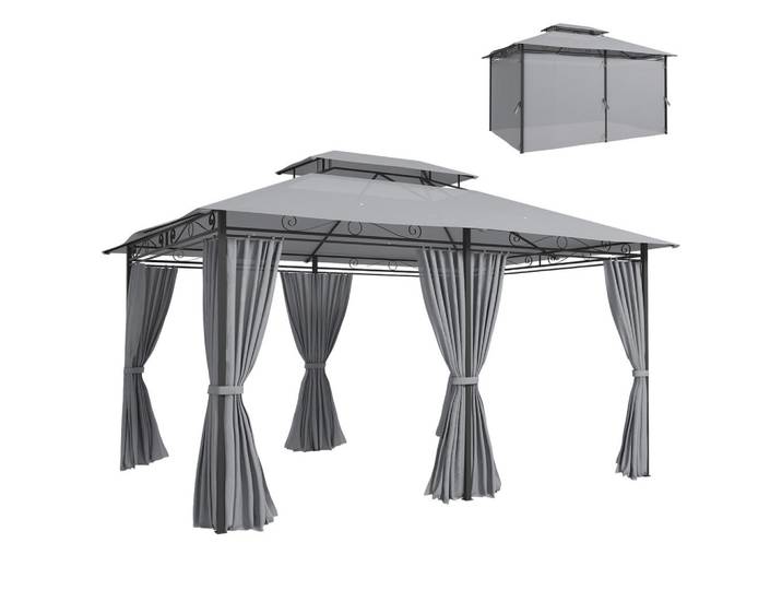 ComfortXL Gartenpavillon De-06011 mit Vorhängen und belüftetem Dach 300/400/280 cm Dunkelgrau, Metall, 300x280x400 cm, Sonnenschutz, Pavillons
