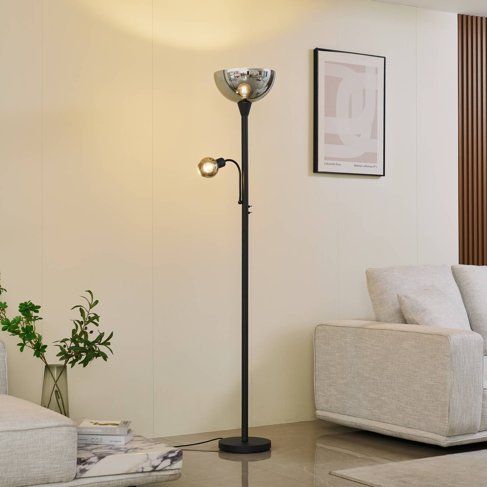 Uplight gulvlampe Nehemia Lindby, Sort, Stue/spisestue, Metal, Moderne, Læselampe