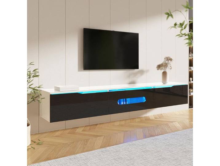 Meuble TV tele Noir et Blanc Meuble tele suspendu 180 cm de long surface brillante avec éclairage LED 16 couleurs