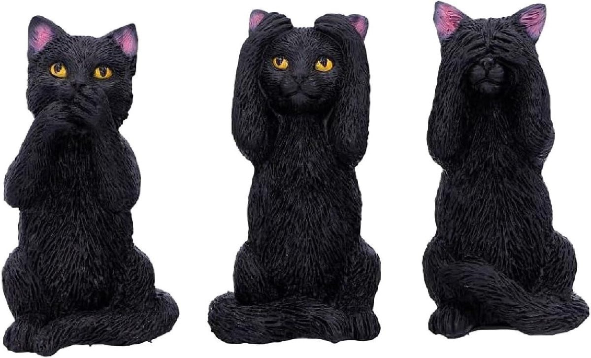 Handgeschilderd Drie Wijze Katten Ornament - Zwart - Hoogte: 85 cm