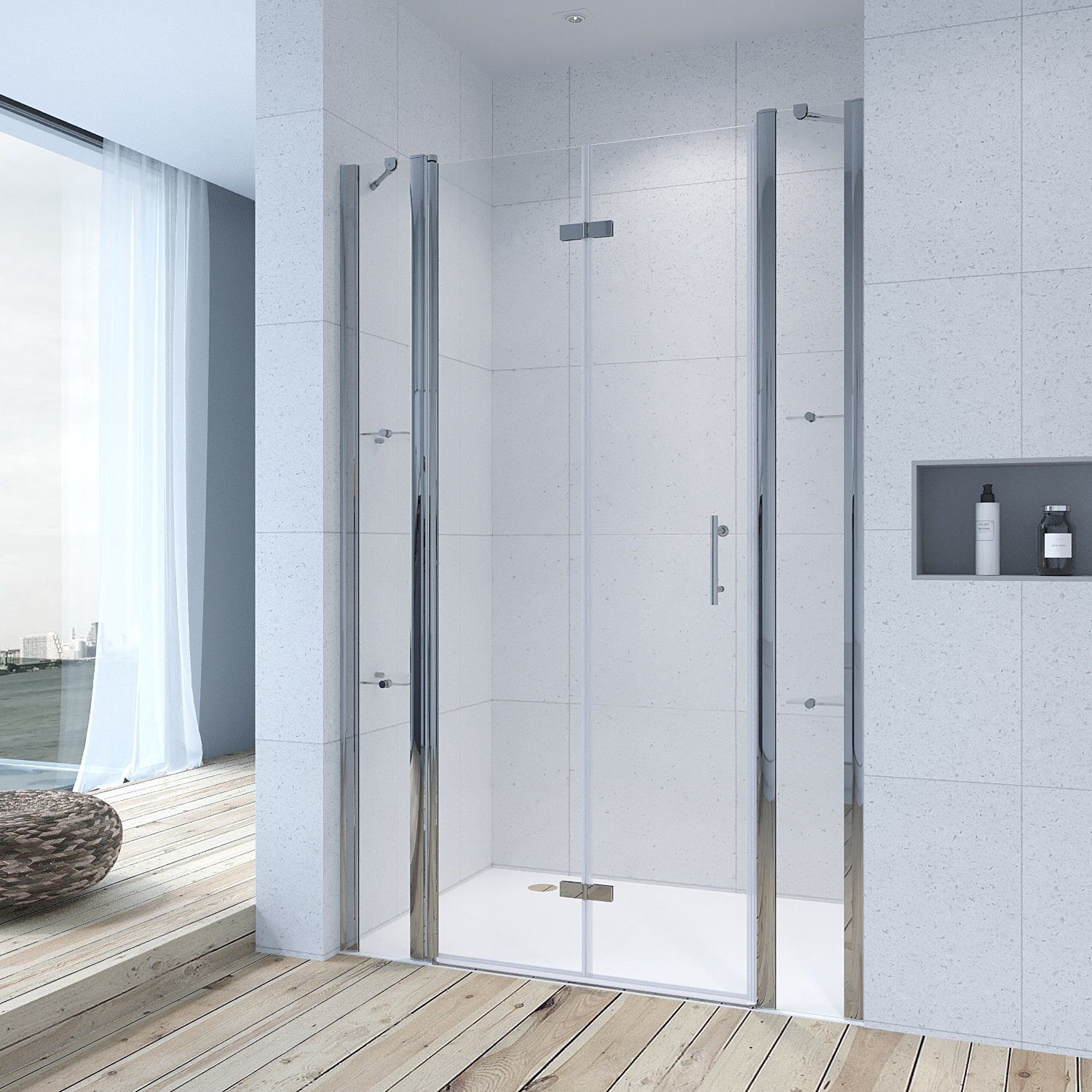 Duschabtrennungen Glas Falttür Dusche Duschwand Duschtrennwand Duschtür 115x197 cm Klarglas mit Festteil Duschablagen Hebe-Senk Mechanismus Verstellbereich