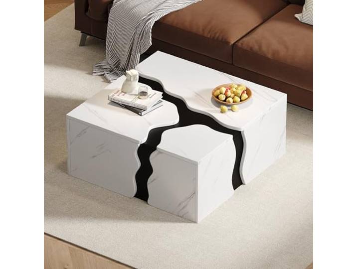 Merax Wohnzimmer-Couchtisch 70x70x31 cm, Würfelförmiger Beistelltisch mit Schublade, Geometrisches Design, Marmorfurnier, Aufbewahrungstisch, Kaffeetisch, Spieltisch