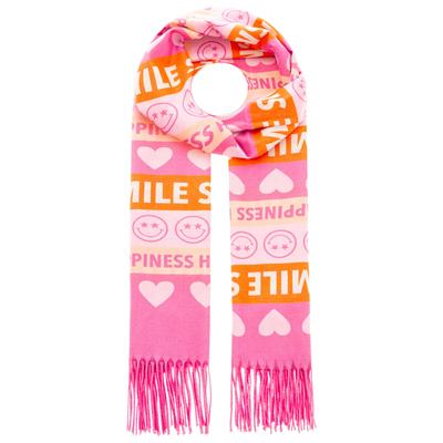 Schal ZWILLINGSHERZ "Smile and Hearts", Damen, pink, Web, Obermaterial: 100% Polyester, Modetücher Schal, mit Fransen, fröhlichem Schriftzug, Herzen