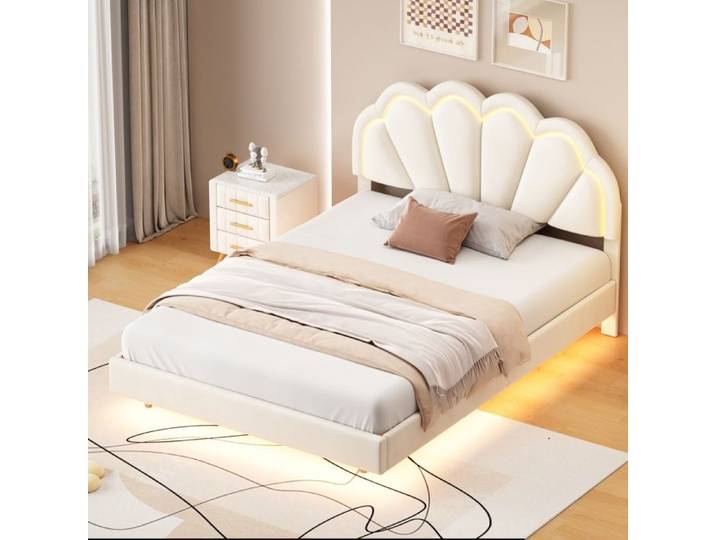 Lit adulte - Design - 140x200 cm - Rembourré en velours - Avec lumières LED - Beige