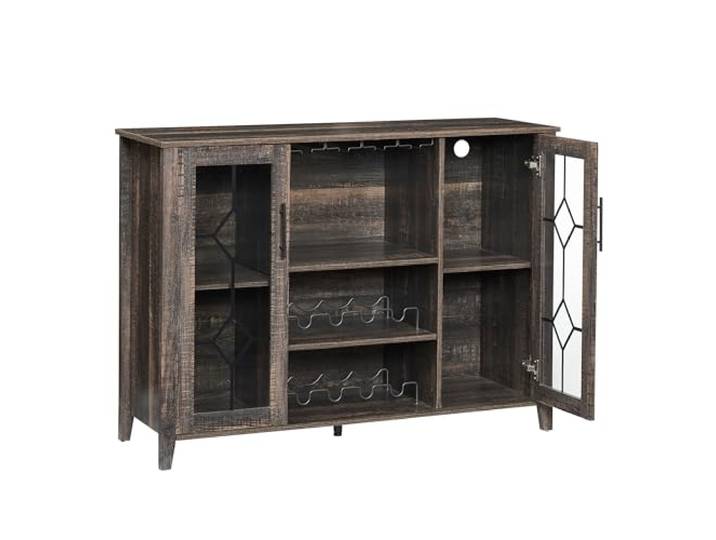 GarveeMore Barschrank 120cm LED Siebdruck-Glastüren PB-Holz Siebdruck-Glastüren mit atmosphärischer LED-Beleuchtung, integriertes Flaschenregal & Glashalter, verstellbare Böden