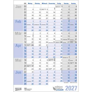 Korsch Tafelkalender 259627, blau, im Hochformat, aus 250 g/m² Karton, 6 Monate = 1 Seite, A4, Jahr 2027