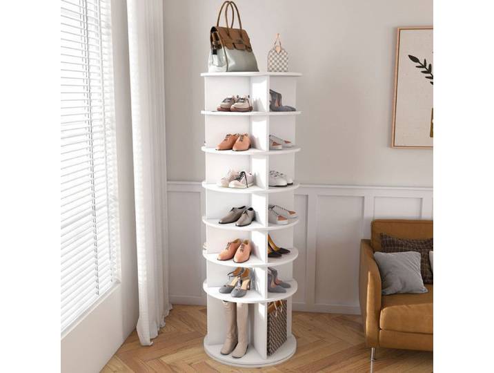Bladez - Meuble à chaussures rotatif à 7 étages peu encombrant pivotant à 360° pouvant contenir 28 paires de chaussures Blanc