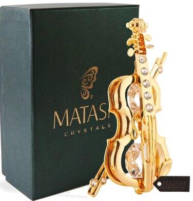 Matashi 24K Gold Plated Crystal Studded Violin and Bow Ornament