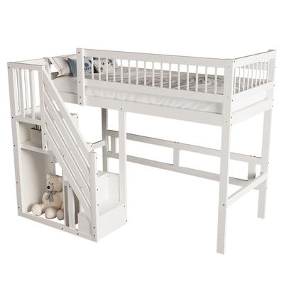 OKWISH Massivholzbett 90x200 Aufbewahrungstreppe Stauraum platzsparend Kiefernholz robust Lattenrost integrierter Stauraum elegant weiß Multifunktional