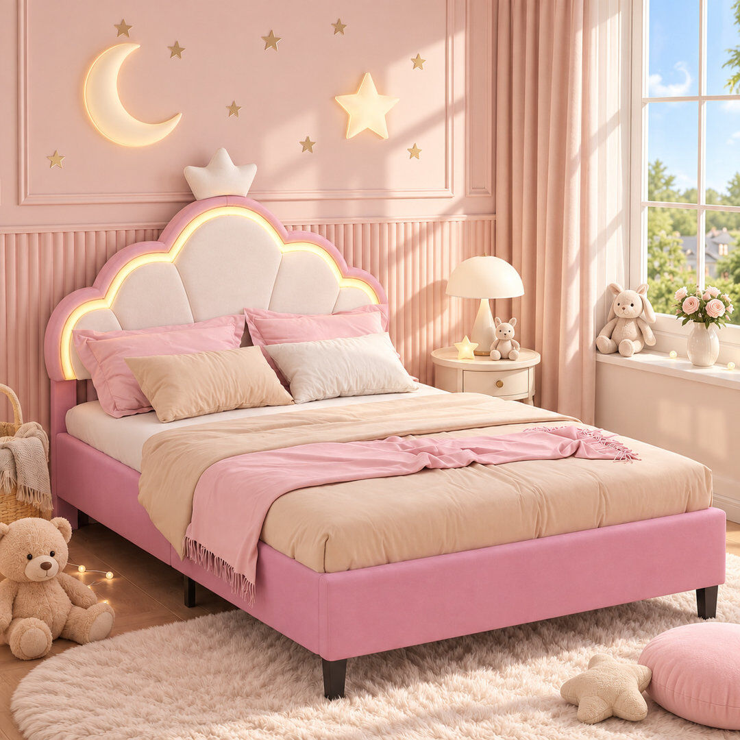 Happy Larry Upholstered Princess Bed Frame with Adjustable LED Crown Headboard and Slatted Base for Children & Teenagers Pink Single (3')