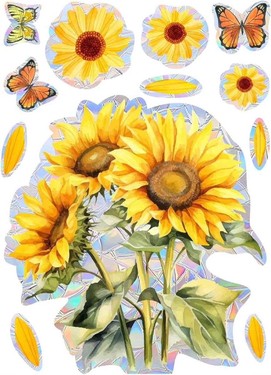 Set van 12 regenboog raamstickers met zonnebloem motief voor glasdecoratie en vogelbescherming