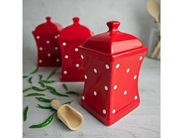 City to Cottage® - Keramik Behälter Küche 900 ml 3er-Set Rot und Weiß Polka Dots Handgemacht Behälter mit Deckel Keksdose Keramik