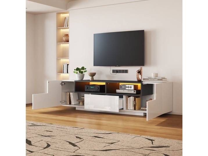 Meuble TV LED - Blanc et noir - 180 x 40 x 48 cm - Brillant - pour TV 75 pouces