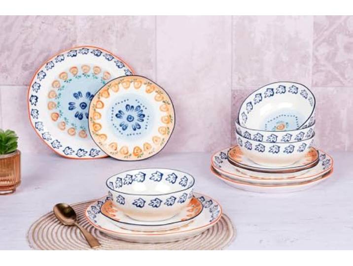 BJORN Geschirrset Les Essentiels NAPOLI, 12-teilig – Elegantes Tafelservice aus weißem Porzellan, handbemalt – Teller und Schalen für den täglichen Gebrauch