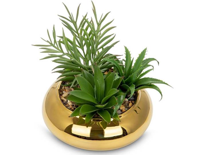 Kunstpflanze Sukkulente im Keramiktopf Gold 18 cm, Goldfarben, 19.5 cm, Dekoration, Blumen & Blumentöpfe, Kunstpflanzen