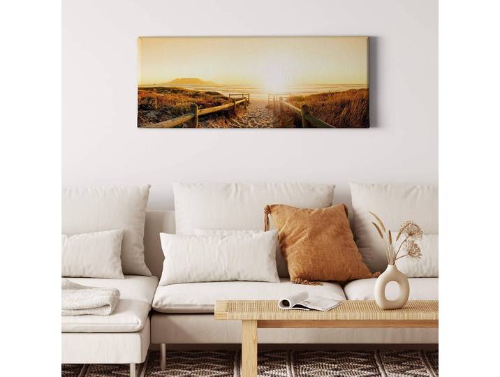 Leinwandbild Natur Sunset Beach Polyester PVC / Fichtenholz Orange 100 x 40cm