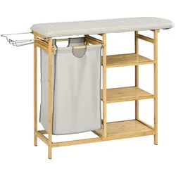 HOMCOM Wäschesammler, multifunktional, Bügelbrett & Stoffsack 57L, Bambusgestell, 113x34x82cm, Natur/Grau