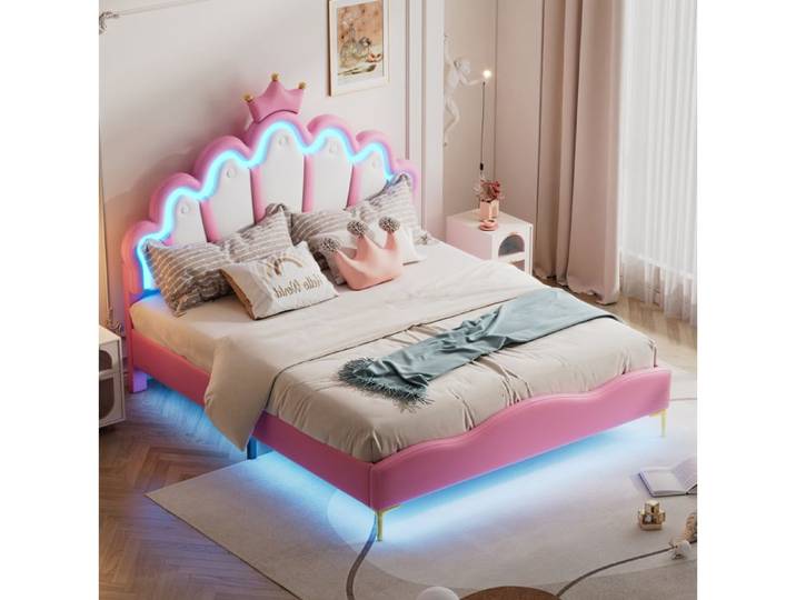 Lit double 140x200 princesse avec LED tête de lit couronne rembourrée hauteur réglable similicuir PU rose Grjofek